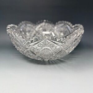 Vintage American Brilliant Cut Glass Bowl Star and Fan Pattern Sawtooth Rim 8in